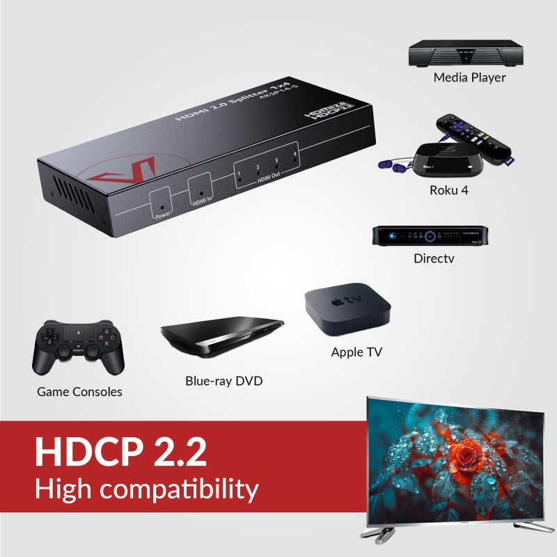 v AV Access 4K@60Hz/1080p@120Hz HDMI 2.0 Splitter 1 in 4 Out, Auto Downscaler with HDR10 &3D, 18Gbps Zero Latency, AV Access Gaming Splitter, Duplicate/Mirror Screens, HDCP 2.2, for Xbox PS5 - Image 3